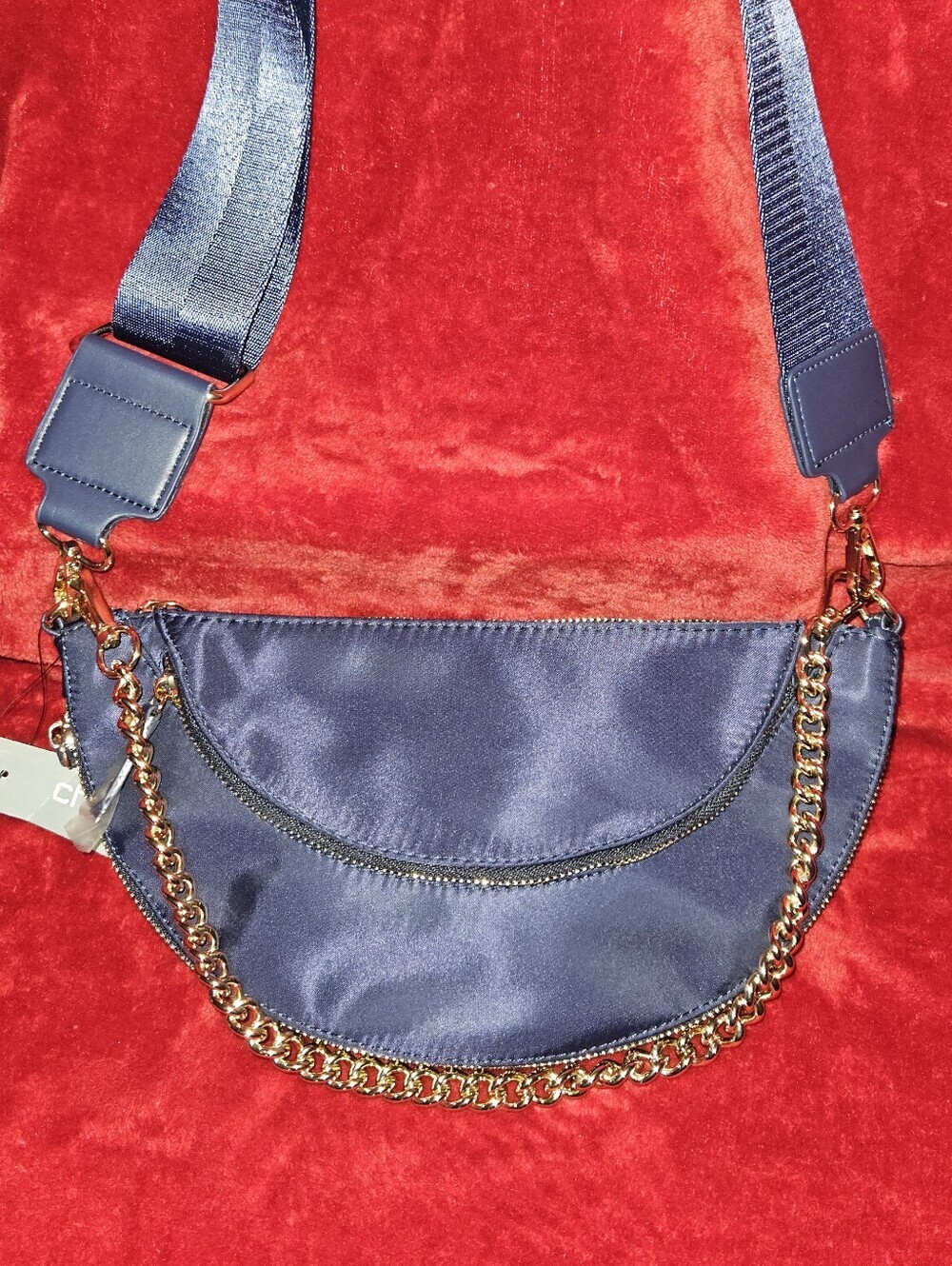 NWT- Chico's Navy Blue Half-Moon Crescent Nylon Crossbody Bag w/Thick Chain Link